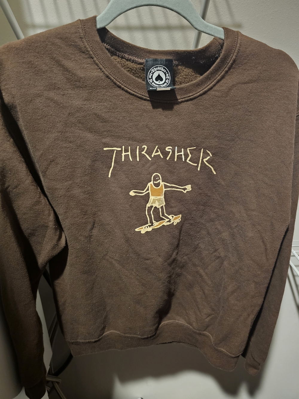 Thrasher Brown Crewneck Sweatshirt with Yellow Skate Graphic